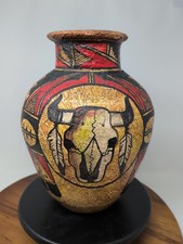 Mexican folk art pottery vase signed by Solis Ollin Buffalo Skull Design picture