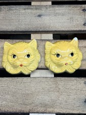 Vtg 1954 Miller Studio Inc Yellow Cat Chalkware Face Kitty Tongue Wall Decor (2) picture