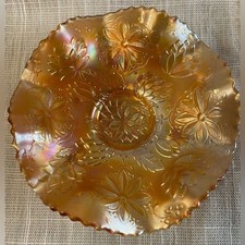Antique Dugan Marigold Carnival Glass Garden Path Footed Ruffled Bowl picture