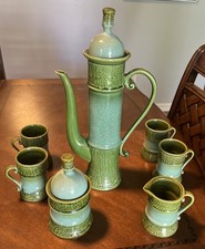 Vintage MCM Olive Teal Green Coffee/Tea Pot Set, 7 pcs JAPAN vintage 1950s picture