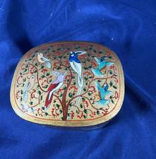 Vintage Kashmiri Papier Mache Trinket Box Hand Painted Birds Floral India picture