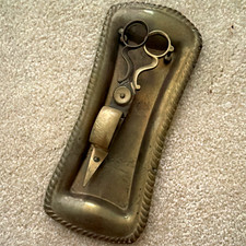 Antique Brass Candle Wick Snuffer Scissors w/ Matching Tray Victorian Style picture