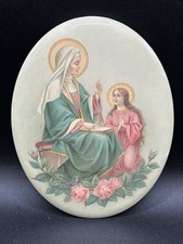 Antique Celluloid Oval Tin Back Button Religious Art Print 1950’s picture