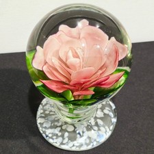 Vintage Chinese Art Glass Pedestal Paperweight Peony Rose Home Office Desk Decor picture