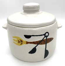 Vintage MCM West Bend Bean Pot & lid 2 Qt Crockery Fork & Spoons Design 2 Bowls picture