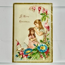 Antique Victorian A Merry Christmas Card Morning Glory Girls picture