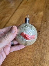 Antique VTG Glass Red BIRD on Branch Embossed BALL Christmas Ornament Germany picture