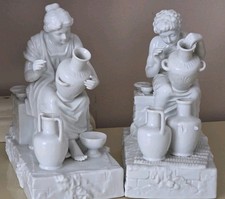 Vintage Pair German Volkstedt Porcelain Figurines Pottery Scene White picture