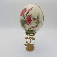 Vintage Hand Painted Ostrich Egg-Brass Stand-Hummingbird - 12