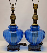 2 Vintage Hollywood Regency Cobalt Blue Glass MATCHING PAIR Table Lamps picture