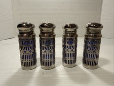 Vintage Cobalt Blue Glass Silverplate Salt & Pepper Shakers (4) picture