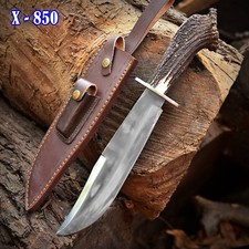 16”Premium Forged Steel Hunting Bowie Knife Crown Stag Antler Handle With Sheath picture