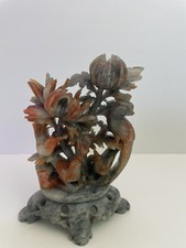 Vintage Chinese Soapstone Carving - Bird & Lotus Flower Figurine with Box picture