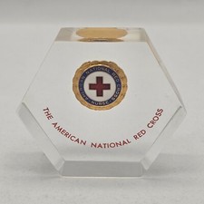 Vintage American Red Cross Nurse Badge Acrylic Hexagonal Paperweight Collectible picture