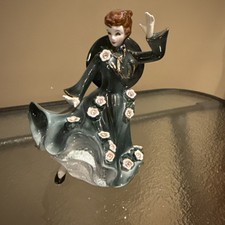 Vintage Lefton Dancing Lady Figurine Green Dress Pink Flowers Rhinestones 1956 picture