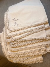 Vintage French Cotton Linen 8 Napkins Tablecloth Hand Made Lace Embroidered picture
