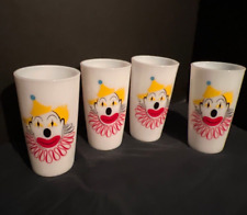 Set of 4 Vintage 1950s Mid Century Modern Hazel Atlas Milk Glass Clown Tumblers picture