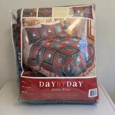 Vintage NOS Queen Size Holiday Wishes Christmas Quilt 86x86 Day By Day Cabin picture
