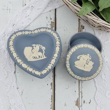 VTG Wedgwood Pale Blue Jasperware Small Lidded Trinket Box & Heart Dish England picture