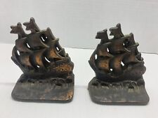 VINTAGE Pair Of Cast Iron Pirate Clipper Ship Nautical Bookends Sailing Bronzed picture