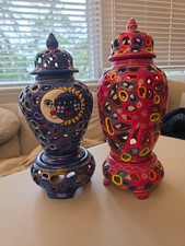 Vintage Mexican Terracotta Pierced Lantern Ginger Jar Pair Celestial Sun... picture