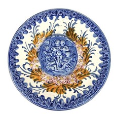 French Barbotine Vintage Magolica Cherubs Musicians Angles 12 1/2” Plate Display picture