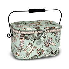 Dritz Oval Sewing Basket with Metal Handle, Large, Green Sewing Print picture