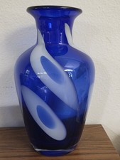 Hand Blown Studio Art Glass Vase Cobalt Blue Diagonal Swirling White Ribbons picture