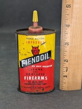 Fiendoil Firearms Devil Logo Oiler Tin Litho Can Plastic Cap Top Vintage picture