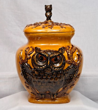 Vintage 70's Ceramic Owl Large Cookie Jar Burnt Yellow Ornate Granny Retro MCM picture