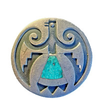 Vintage Zuni, Hopi, Navajo Indian Silver Overlay Thunderbird Pin Turquoise Inlay picture