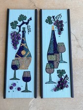 Vtg MCM 3D Blue Purple Wine Decanter Abstract Gravel Wall Art 24” X 8” Set Of 2 picture