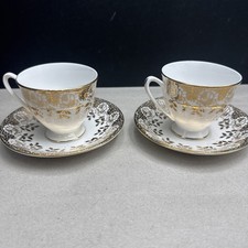 Pair Royal Standard Vintage Bone China Cup Saucer Gold Filigree Roses Service 2 picture