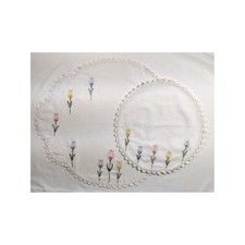 Vtg Hand Embroidered Couch, sofa, 3 pc set, white cotton, tulips Antimacassar picture