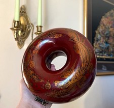 VTG Chinese red lacquered donut-shaped jewelry box ft hand-painted gold dragon picture