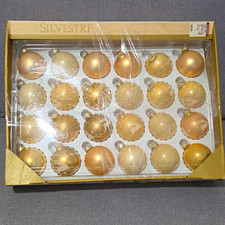 Silvestri 24pc Glass Glitter Christmas Ornaments Baubles Gold Beige VTG 1990s picture