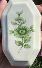 Vintage Hollohaza Hungary Porcelain Trinket Box Green Floral Octagon Lidded Dish picture