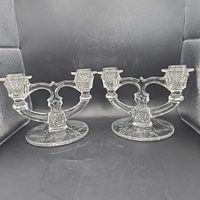 Vintage Heavy Glass Double Candle Holder Candlesticks Pair Art Deco Style Etched picture