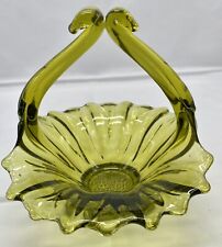 Vintage Olive Green Glass Basket Candy Dish With Handle 6