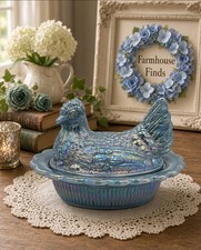 Mosser Georgia Blue Carnival Glass Hen on Nest Covered Dish Limited New picture