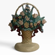 Vintage Cast Iron Flower Basket Doorstop Hand Painted Tulips Floral 8 Inch picture