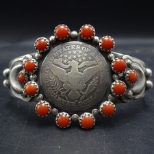 Buffalo Dancer TAOS Sterling 925 BARBER QUARTER Eagle COIN CORAL Cuff BRACELET picture