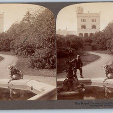 1897 Oslo, Norway Royal Chateau Oscarshall Stereo Real Photo Fun in Fountain V22 picture