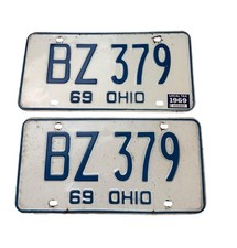 Vintage 1969 Ohio License Plates Pair White BZ 379 picture