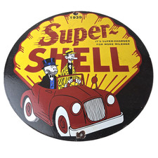 Vintage Super Shell Gasoline Sign - Service Gas Mutt & Jeff Porcelain Sign picture