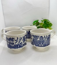 Vintage Set Of 4 Churchill England Blue Willow Teacups/Short Breakfast Mugs picture