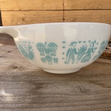 Small chip damage Pyrex Butterprint Turquoise Cinderella Mixing Bowl MCM staging picture