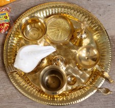 Hindu Puja Pooja Brass Aarti Thali Plate Diya Shankha Shell Incense Bell + BONUS picture