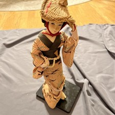 Japanese Geisha doll Kimono Straw Hat Wood Base 14” picture
