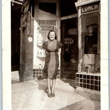 c1940s Cute Woman Coca-Cola Soda Lunch Storefront Sign Snapshot Photo Coke Esso picture